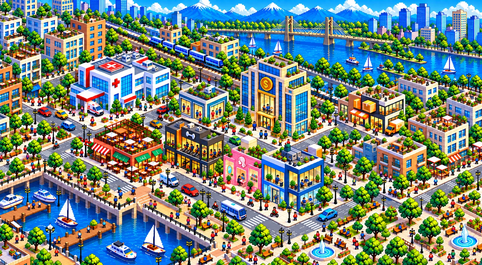 Pixel-art city with medical, food and beverage, fitness, beauty, retail, services, financial and e-commerce businesses